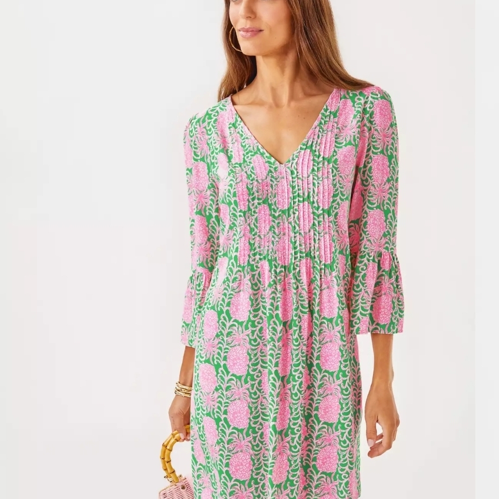 Lilly Pulitzer Pink and Green Midi Dress with V-Neckline